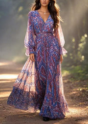 Unique Blue V Neck Print Tunic Chiffon Maxi Dress Spring