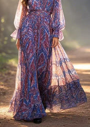 Unique Blue V Neck Print Tunic Chiffon Maxi Dress Spring