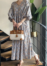 Unique Blue V Neck Print Wrinkled Cotton Dress Lantern Sleeve