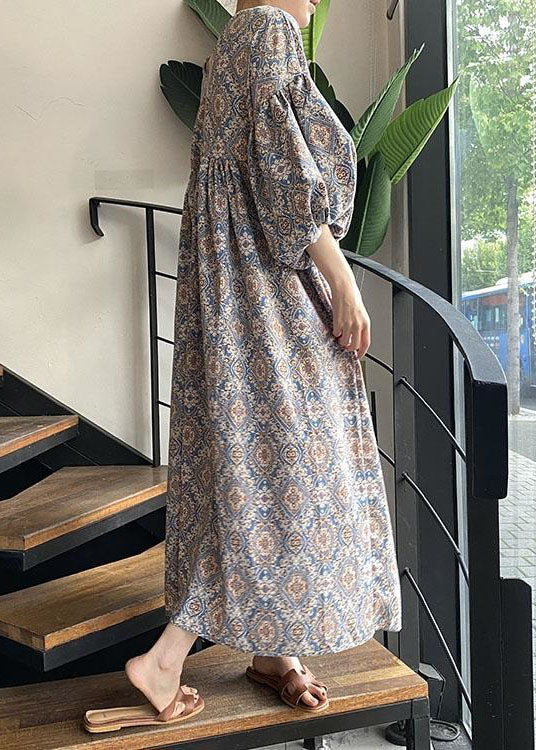 Unique Blue V Neck Print Wrinkled Cotton Dress Lantern Sleeve