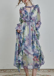 Unique Blue V Neck Ruffled Print Chiffon Long Dress Spring