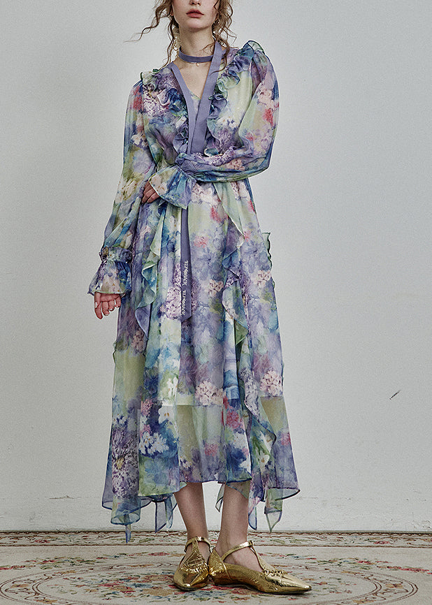 Unique Blue V Neck Ruffled Print Chiffon Long Dress Spring