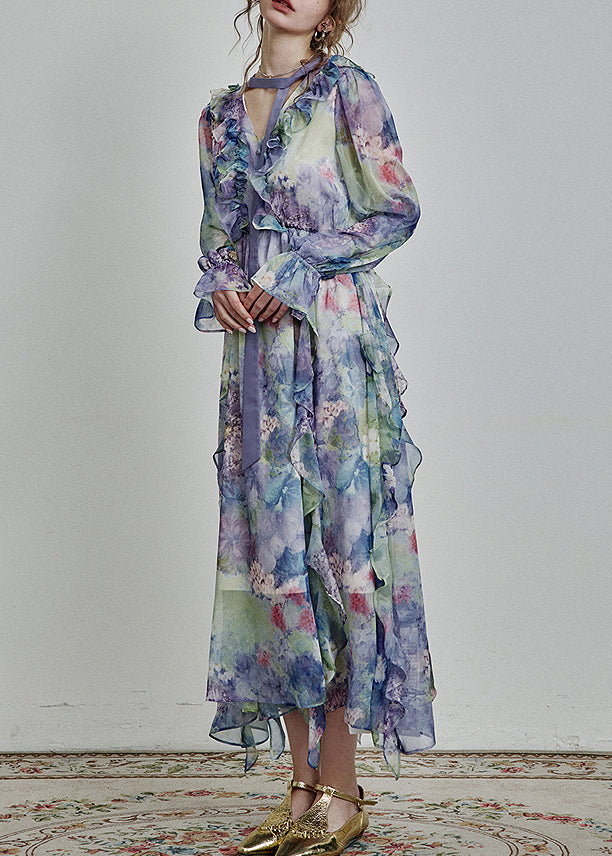 Unique Blue V Neck Ruffled Print Chiffon Long Dress Spring