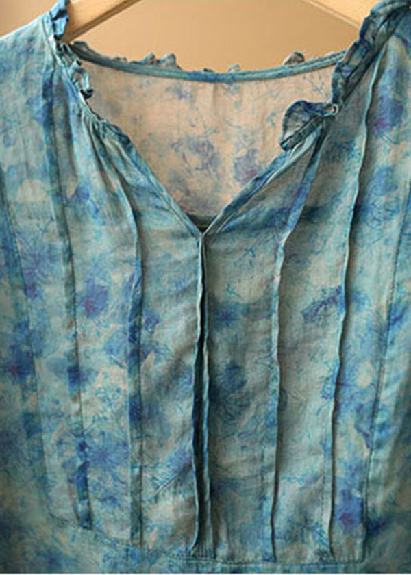 Unique Blue Wrinkled Ruffled Patchwork Linen Shirt Tops Short Sleeve