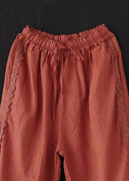 Unique Brick Red Lace Patchwork Linen Crop Pants Summer