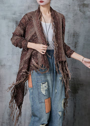 Unique Brown Asymmetrical Design Tasseled Knit Cardigan Spring