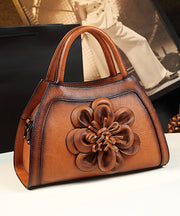 Unique Brown Floral Durable Calf Leather Tote Handbag