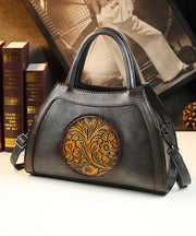 Unique Brown Floral Durable Calf Leather Tote Handbag