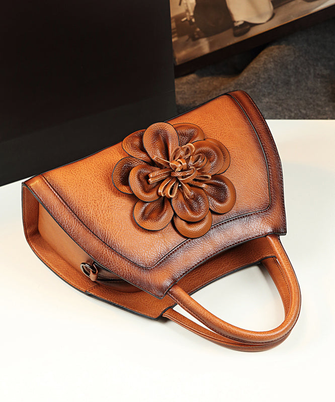 Unique Brown Floral Durable Calf Leather Tote Handbag