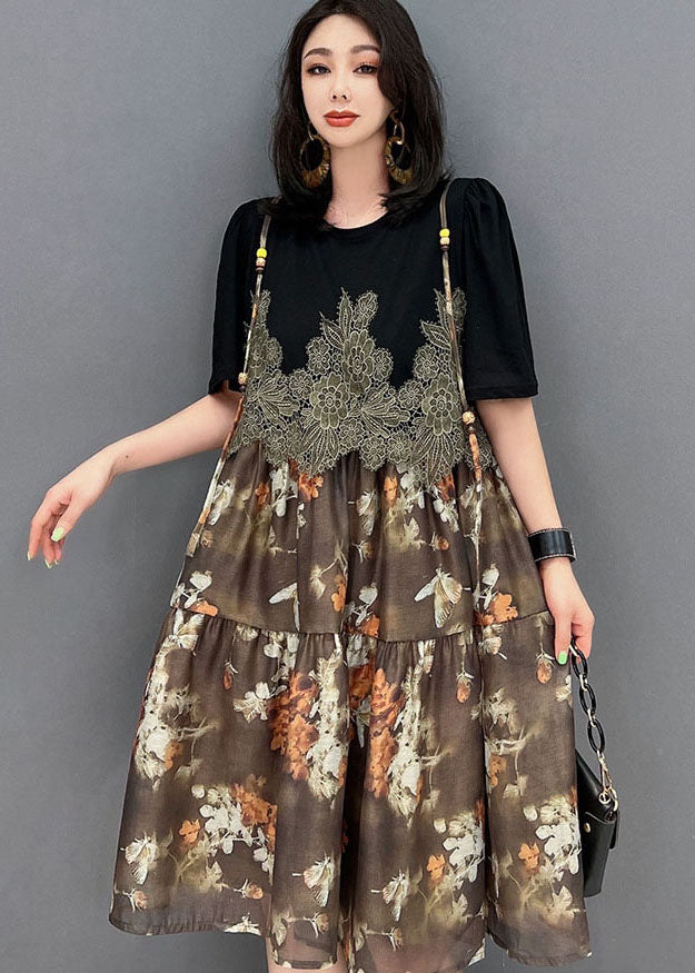 Unique Brown O-Neck Embroideried Patchwork Print Mid Dress Short Sleeve