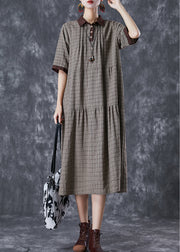 Unique Brown Peter Pan Collar Patchwork Linen Holiday Dress Summer