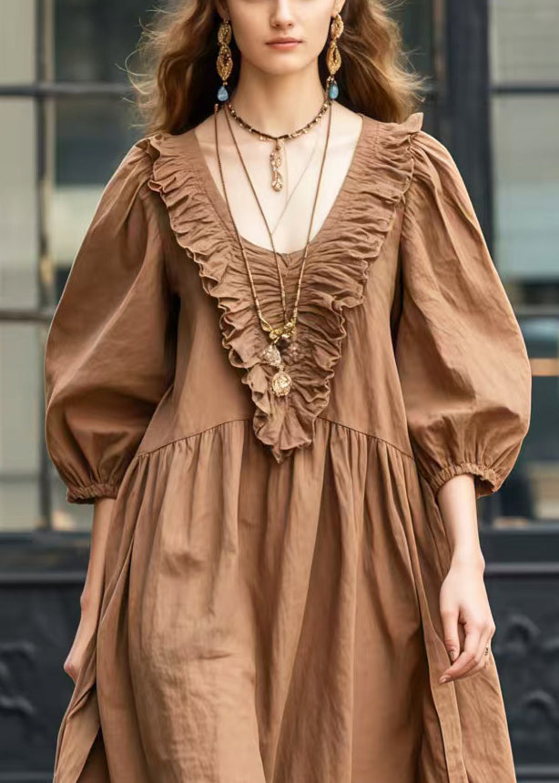 Unique Brown Ruffled Patchwork Cotton Long Dresses Bracelet Sleeve