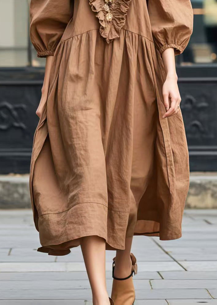 Unique Brown Ruffled Patchwork Cotton Long Dresses Bracelet Sleeve