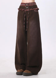 Unique Brown Ruffled Patchwork Cotton Pants Spring