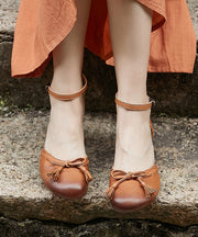 Unique Brown Sheepskin Buckle Strap Bow Platform Sandals