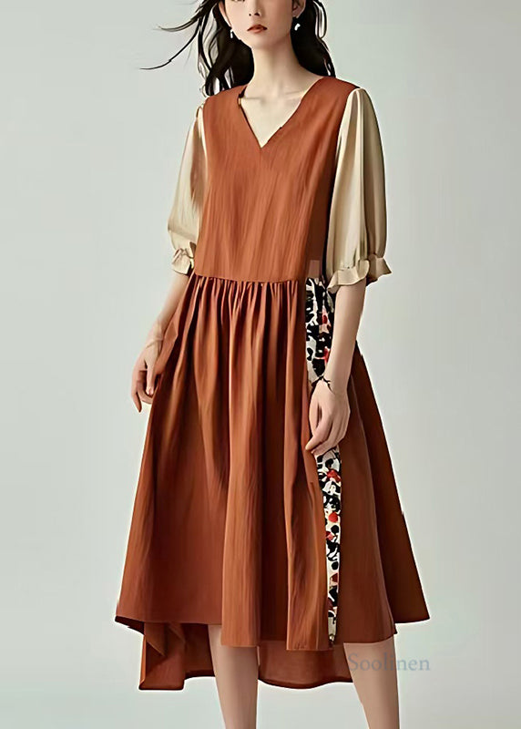 Unique Brown V Neck Patchwork Cotton Vacation Dresses Summer