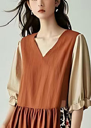 Unique Brown V Neck Patchwork Cotton Vacation Dresses Summer