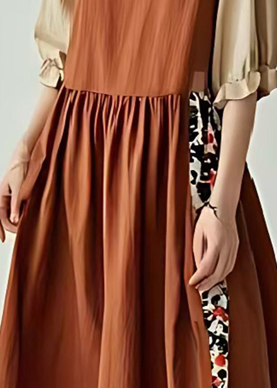 Unique Brown V Neck Patchwork Cotton Vacation Dresses Summer