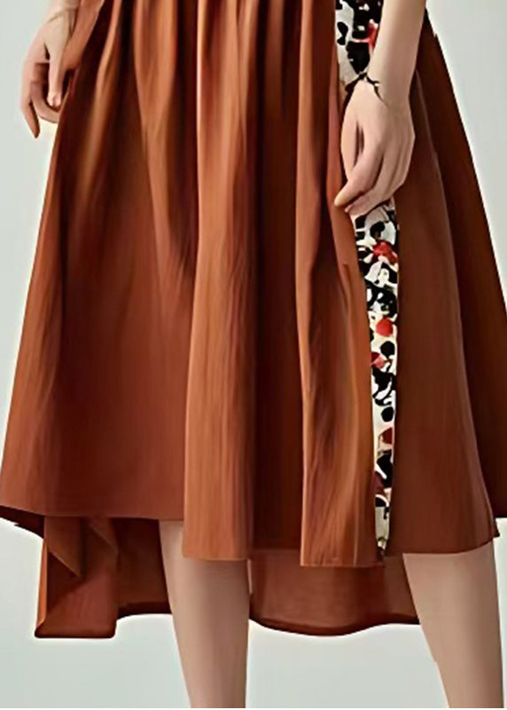 Unique Brown V Neck Patchwork Cotton Vacation Dresses Summer