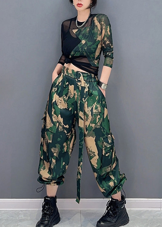 Unique Camouflage Print Tulle Patchwork Top And Pants Two Pieces Set Spring