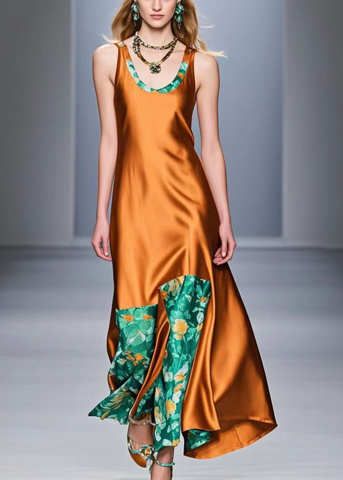 Unique Caramel Asymmetrical Patchwork Silk Long Dress Sleeveless