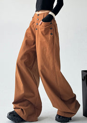 Unique Caramel High Waist Patchwork Button Wide Leg Pants Spring