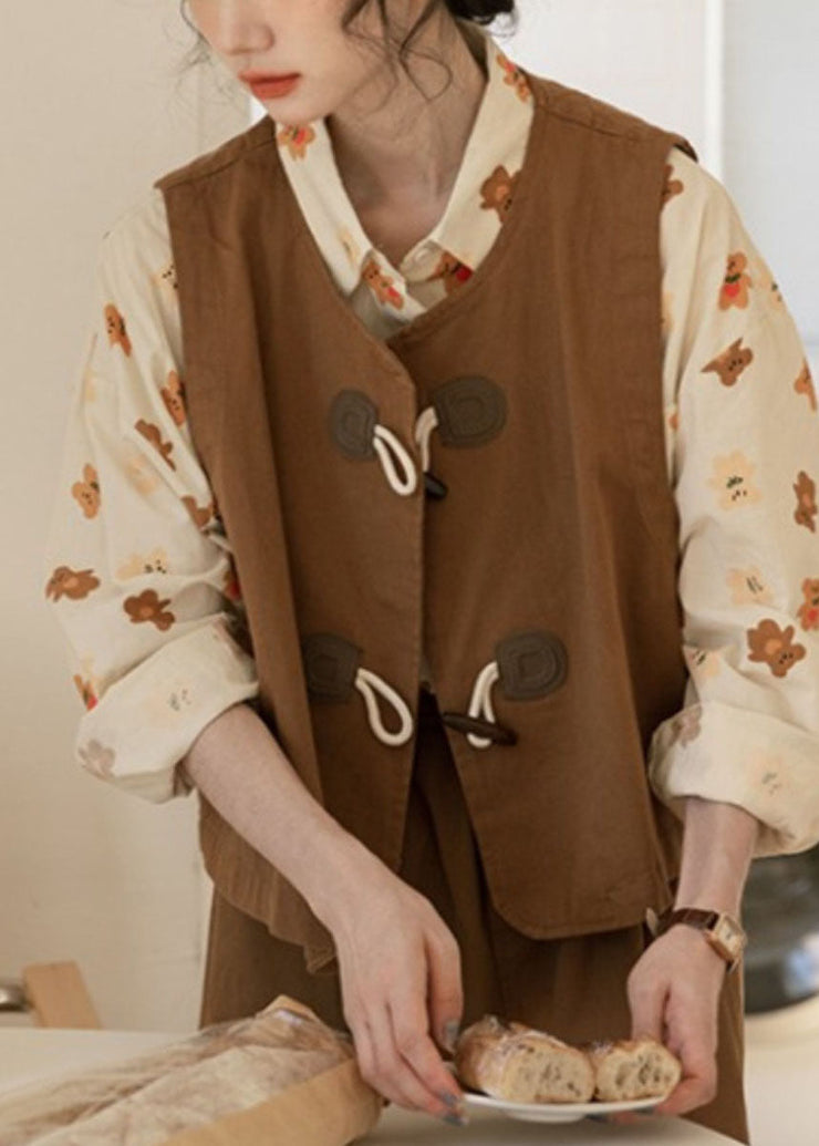 Unique Caramel O-Neck Patchwork Button Waistcoat Fall