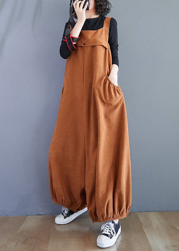 Unique Caramel Pockets High Waist Patchwork Corduroy Jumpsuit Fall