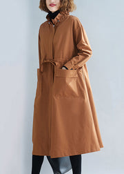 Unique Caramel Stand Collar Lace Up Patchwork Cotton Trench Coats Fall