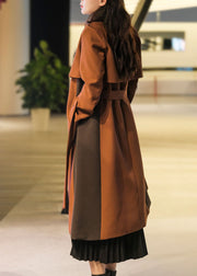 Unique Caramel Zip Up Patchwork Spandex Trench Coats 2 Piece Outfit Fall