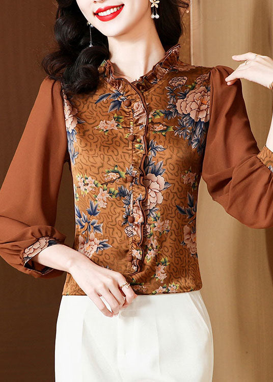 Unique Chocolate Ruffled Patchwork Print Silk Blouses Spring