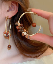 Unique Coffee Alloy Sandalwood Sphericity C Shaped Tassel Hoop Earrings