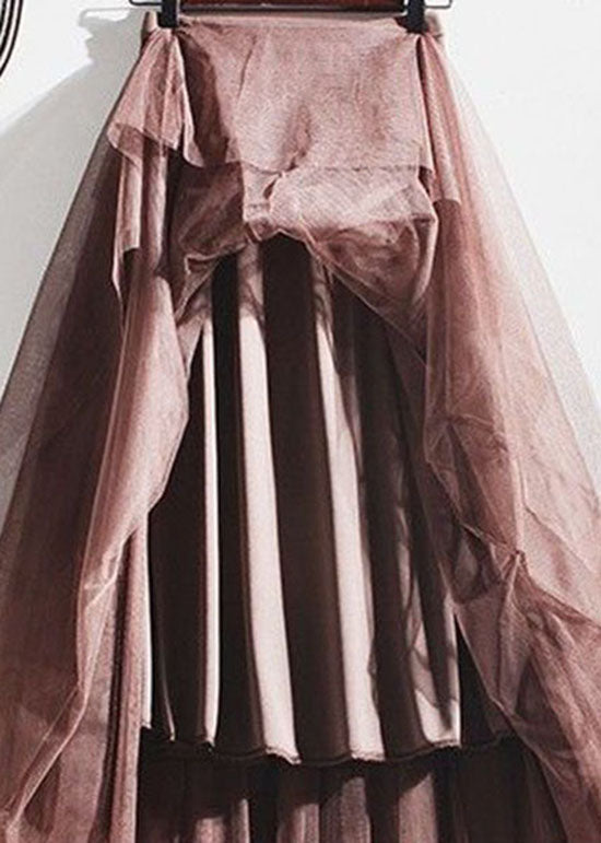 Unique Chocolate Elastic Waist Tulle Pleated Skirt Spring