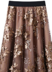 Unique Chocolate Embroideried Floral High Waist Tulle Skirt Summer