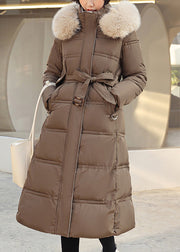 Unique Coffee Fur Collar Tie Waist Hooded Fine Cotton Filled Puffer Coat Winter