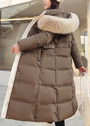 Unique Coffee Fur Collar Tie Waist Hooded Fine Cotton Filled Puffer Coat Winter