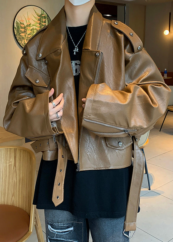 Unique Coffee Nail Bead Original Design Faux Leather Men Coat Spring