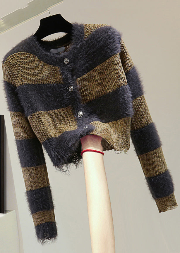 Unique Coffee O-Neck Striped Hole Ma Hai Mao Cotton Knit Sweater Winter