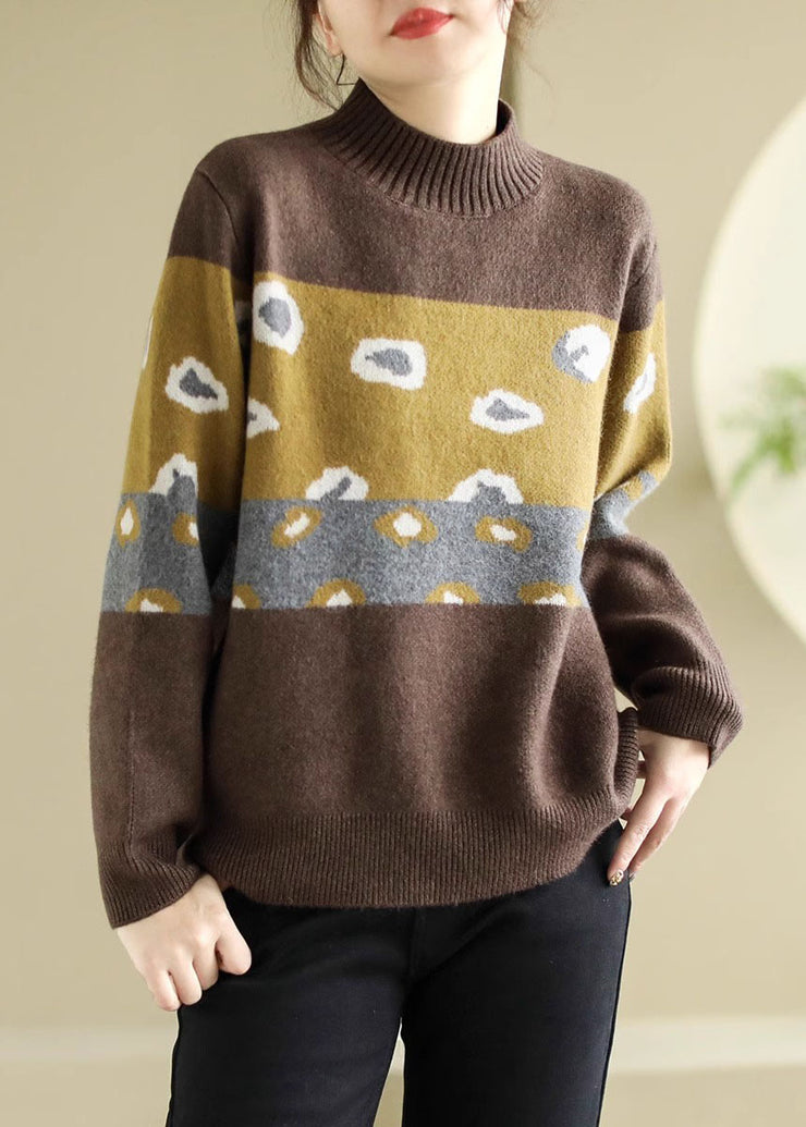 Unique Coffee O Neck Thick Print Knit Sweater Spring