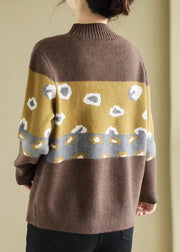 Unique Coffee O Neck Thick Print Knit Sweater Spring