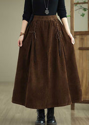 Unique Coffee Pockets Lace Up Elastic Waist Corduroy Skirt Spring