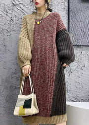 Unique Coffee Stand Collar Patchwork Cotton Knit Long Sweater Dress Winter