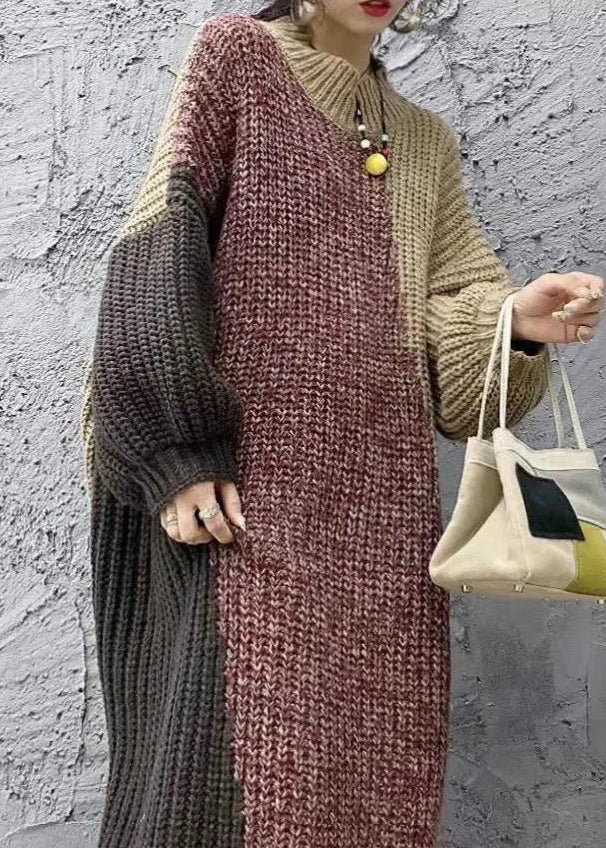 Unique Coffee Stand Collar Patchwork Cotton Knit Long Sweater Dress Winter