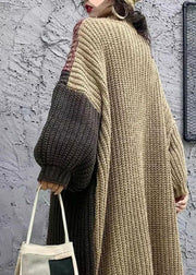 Unique Coffee Stand Collar Patchwork Cotton Knit Long Sweater Dress Winter