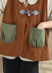 Unique Coffee V Neck Horn Button Corduroy Vest Sleeveless