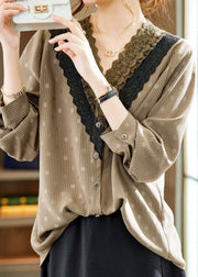 Unique Coffee V Neck Print Lace Patchwork Chiffon Shirt Long Sleeve