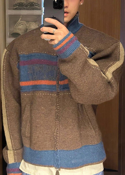 Unique Coffee Zip Up Striped Patchwork Knit Mens Cardigan Spring