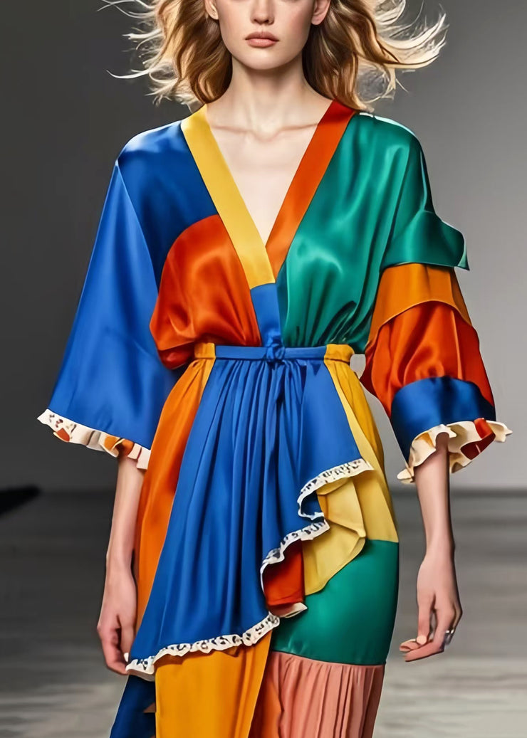 Unique Colorblock Asymmetrical Patchwork Silk Holiday Dress Summer