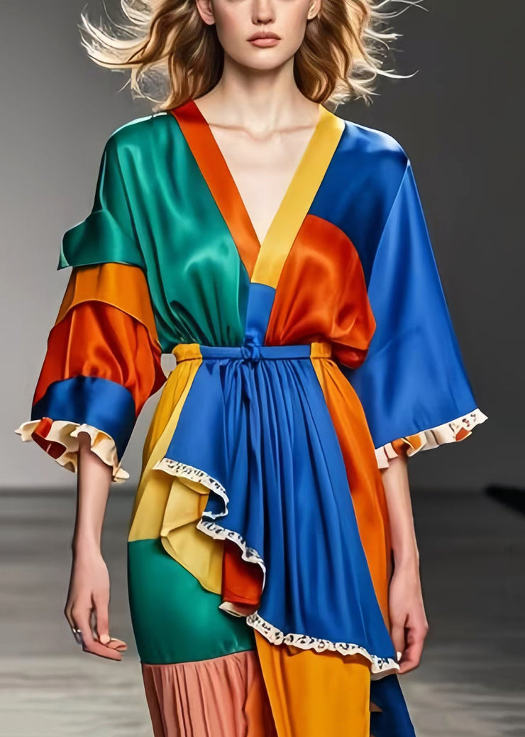 Unique Colorblock Asymmetrical Patchwork Silk Holiday Dress Summer