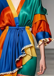 Unique Colorblock Asymmetrical Patchwork Silk Holiday Dress Summer